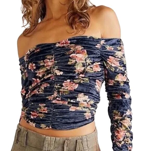 Free People Reina Off The Shoulder Romantic Crushed Velvet Top Blue/Pink- XS NWT - Picture 1 of 14